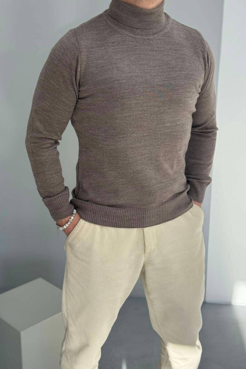 ONE COLOR HIGH NECK MEN SWEATER DARK BEIGE/BEZHE ERRET - 1