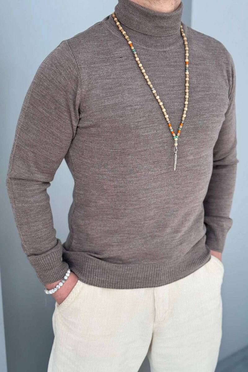 ONE COLOR HIGH NECK MEN SWEATER DARK BEIGE/BEZHE ERRET - 2