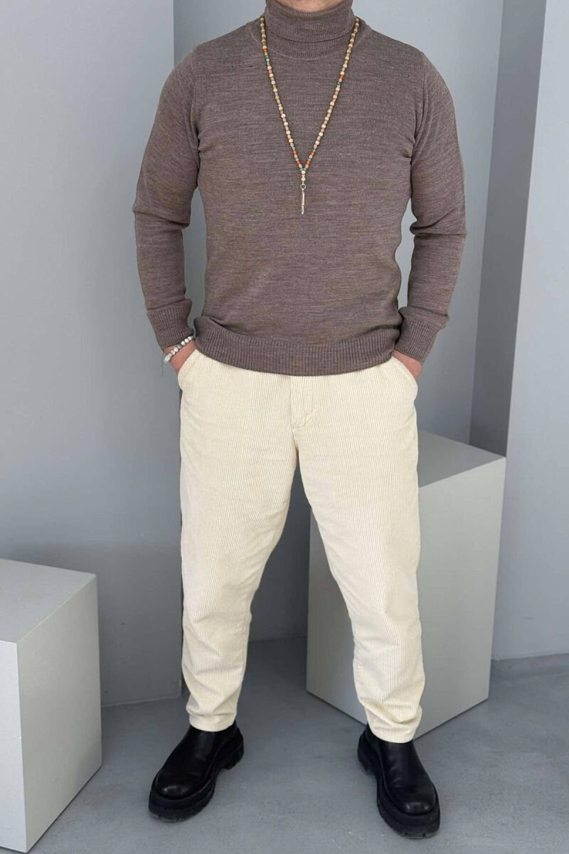 ONE COLOR HIGH NECK MEN SWEATER DARK BEIGE/BEZHE ERRET - 4
