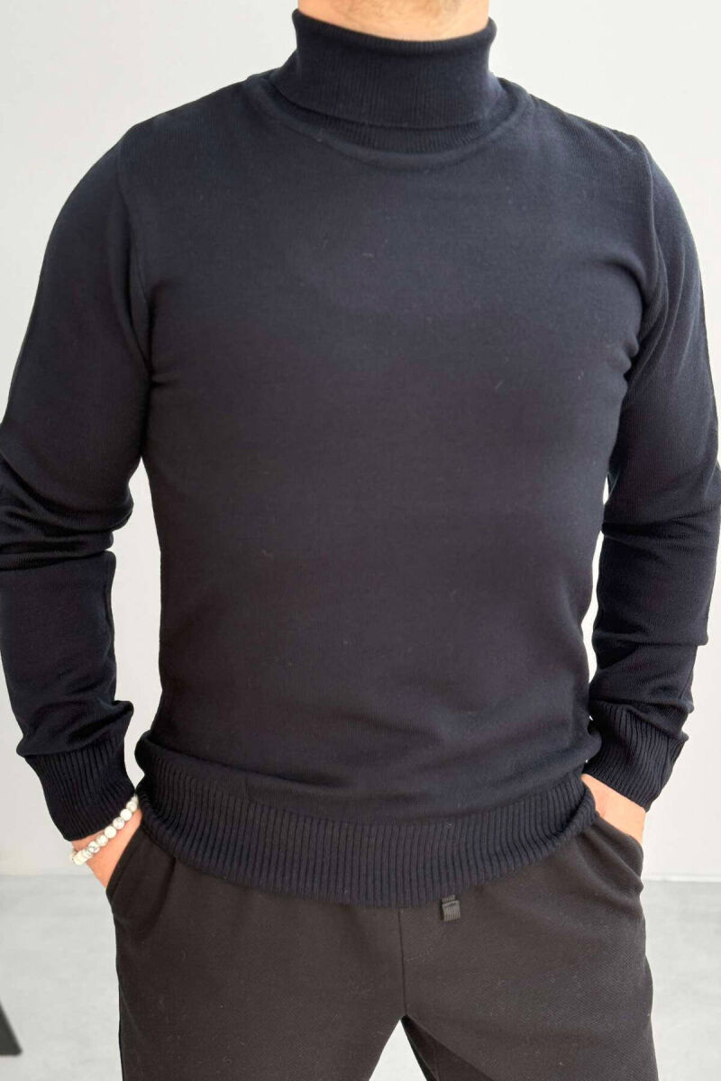 ONE COLOR HIGH NECK MEN SWEATER DARK BLUE/BEE - 1