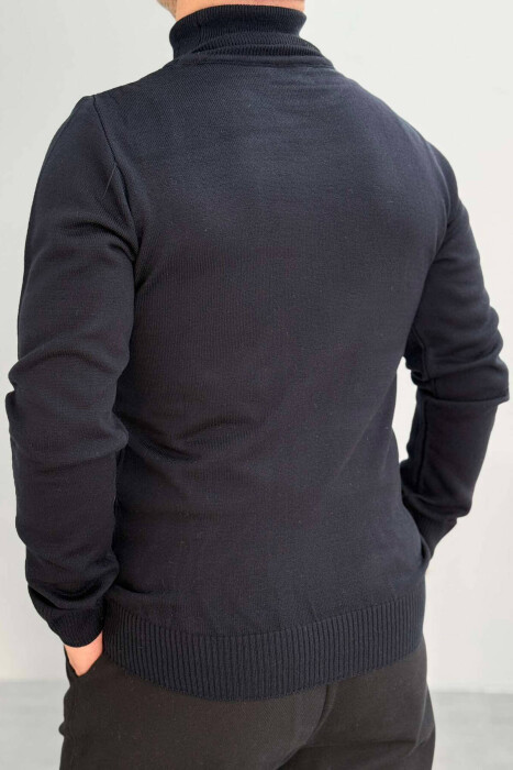 ONE COLOR HIGH NECK MEN SWEATER DARK BLUE/BEE - 2