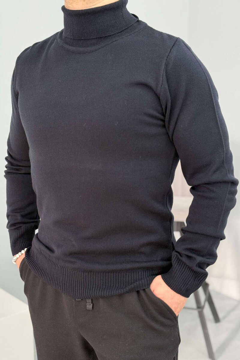 ONE COLOR HIGH NECK MEN SWEATER DARK BLUE/BEE - 3