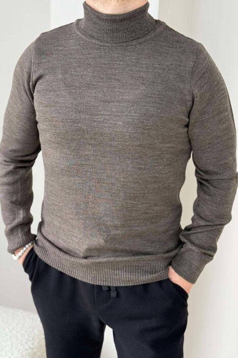 ONE COLOR HIGH NECK MEN SWEATER LIGHT BROWN/KAZB - 1