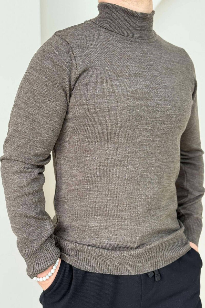ONE COLOR HIGH NECK MEN SWEATER LIGHT BROWN/KAZB - 3
