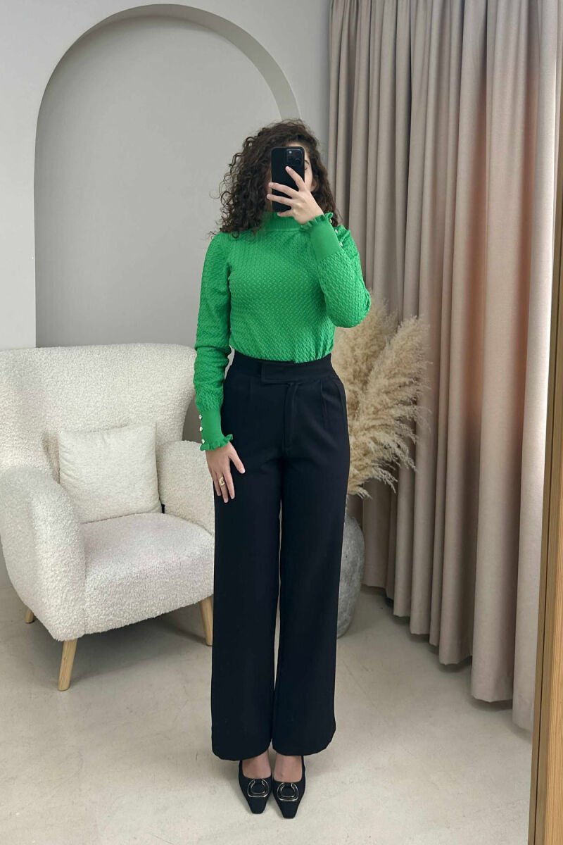 HIGH NECK ONE COLOR BUTTONS DETAIL WOMEN SWEATER GREEN/JESHILE - 1
