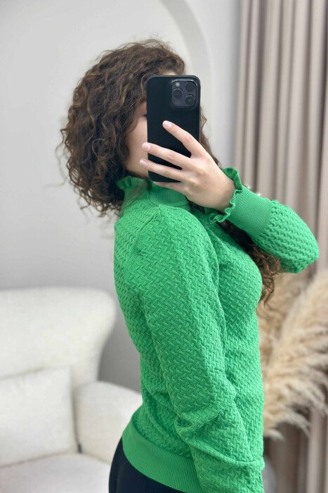 HIGH NECK ONE COLOR BUTTONS DETAIL WOMEN SWEATER GREEN/JESHILE - 6
