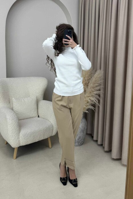 HIGH NECK ONE COLOR BUTTONS DETAIL WOMEN SWEATER WHITE-E BARDHE - KLAUDIO FASHION