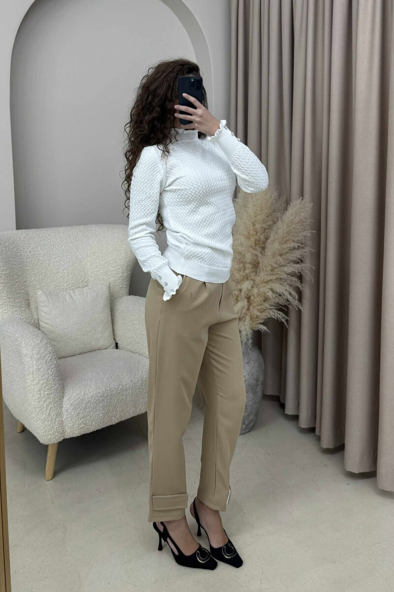 HIGH NECK ONE COLOR BUTTONS DETAIL WOMEN SWEATER WHITE-E BARDHE - 2