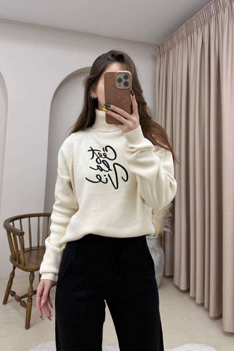 HIGH NECK ONE COLOR FRONT WRITTINGS WOMEN SWEATER CREAM/KREM - 1
