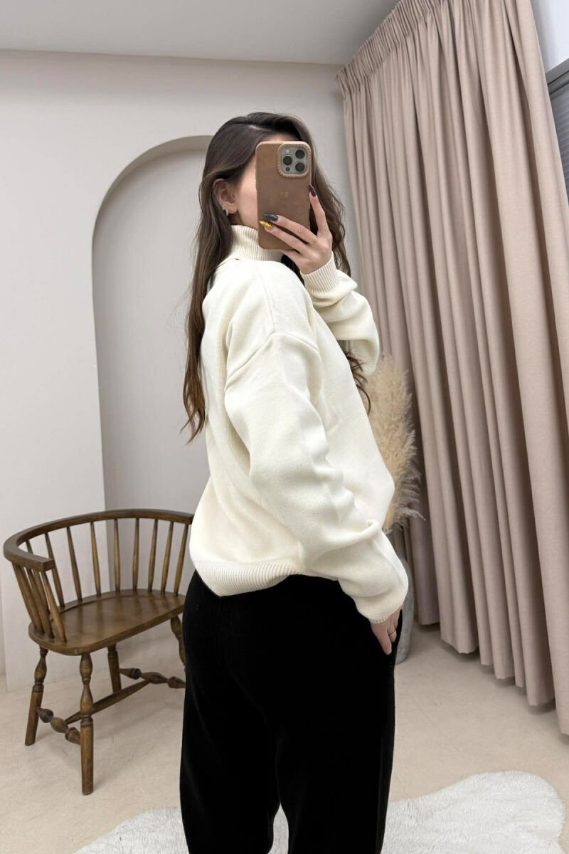 HIGH NECK ONE COLOR FRONT WRITTINGS WOMEN SWEATER CREAM/KREM - 4