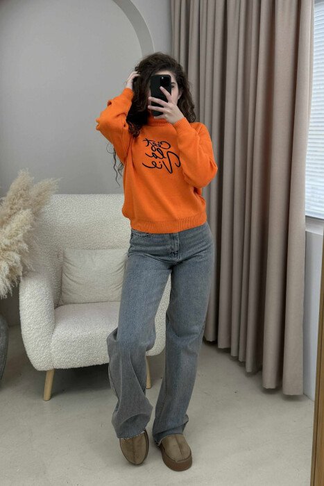 HIGH NECK ONE COLOR FRONT WRITTINGS WOMEN SWEATER ORANGE/PORTOKALLI - 1