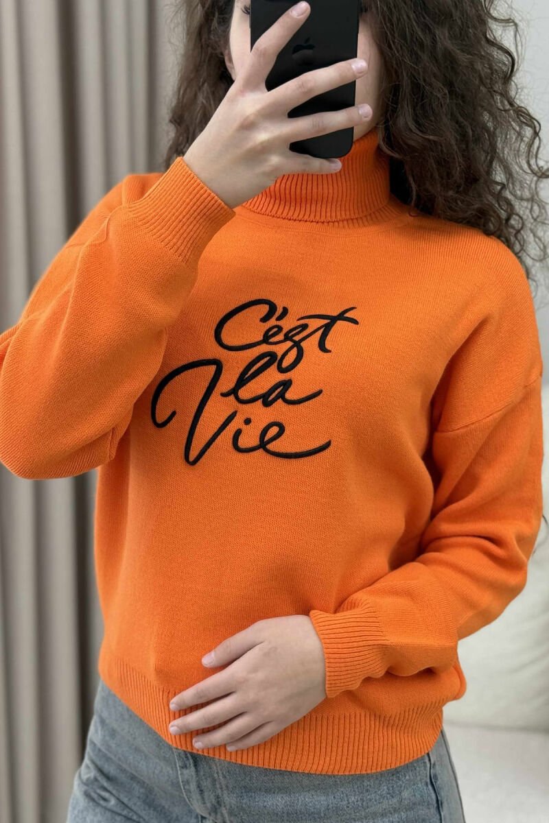 HIGH NECK ONE COLOR FRONT WRITTINGS WOMEN SWEATER ORANGE/PORTOKALLI - 4