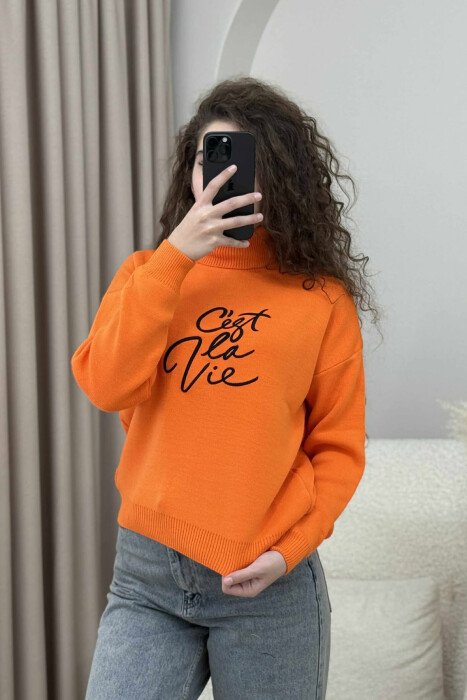 HIGH NECK ONE COLOR FRONT WRITTINGS WOMEN SWEATER ORANGE/PORTOKALLI - 2