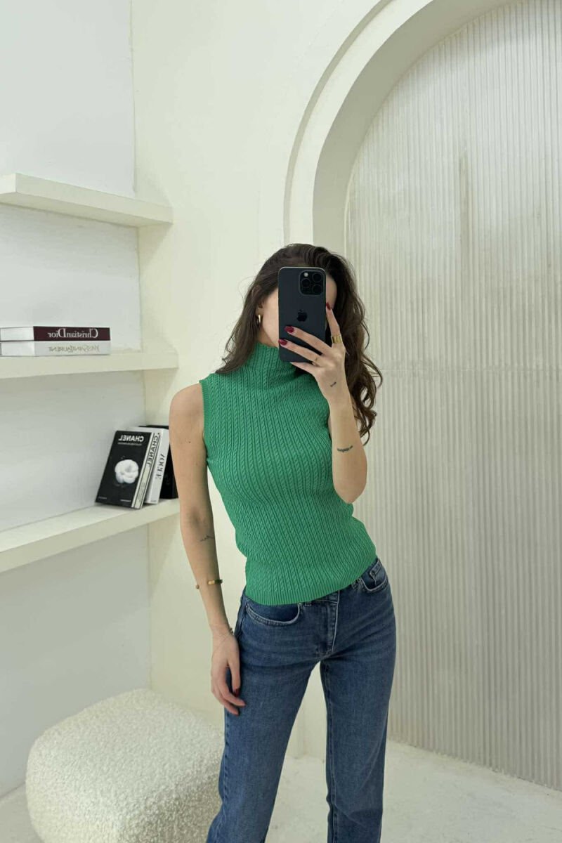 HIGH NECK ONE COLOR KNITTED WOMEN TANK TOP GREEN/JESHILE - 1