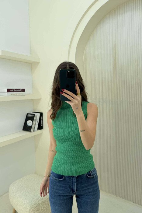 HIGH NECK ONE COLOR KNITTED WOMEN TANK TOP GREEN/JESHILE - 2