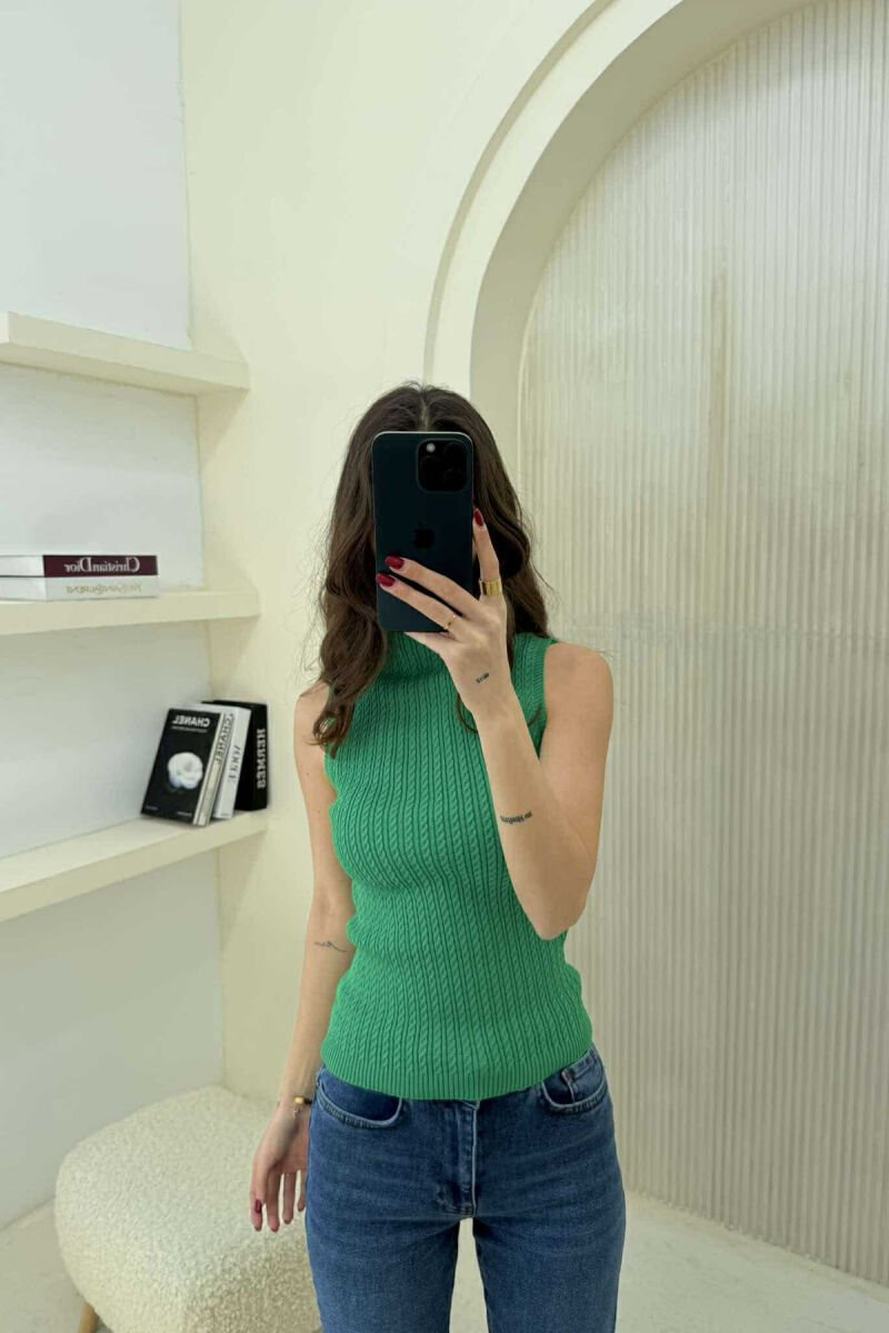 HIGH NECK ONE COLOR KNITTED WOMEN TANK TOP GREEN/JESHILE - 2