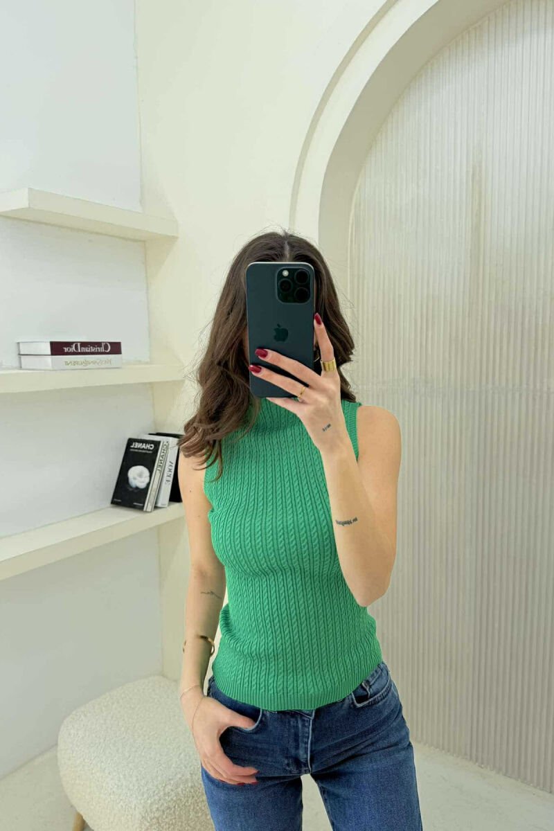 HIGH NECK ONE COLOR KNITTED WOMEN TANK TOP GREEN/JESHILE - 3