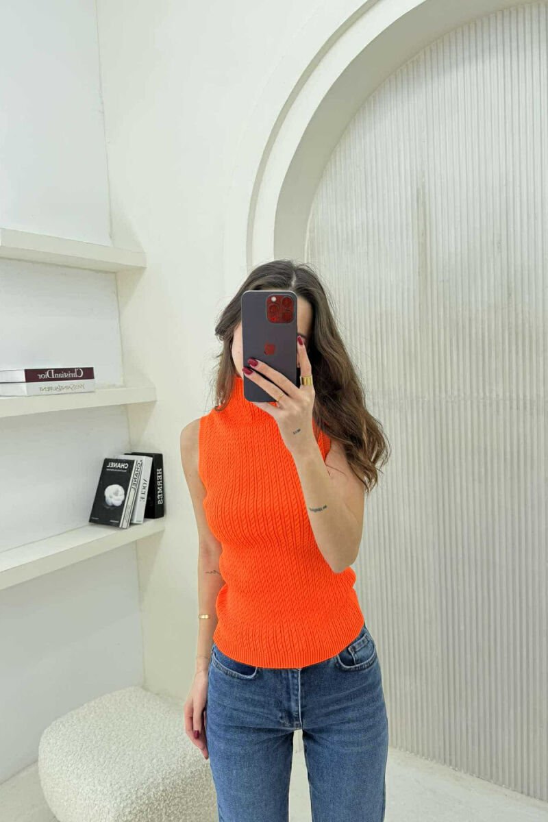 HIGH NECK ONE COLOR KNITTED WOMEN TANK TOP ORANGE/PORTOKALLI - 1
