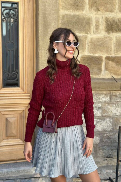 HIGH NECK ONE COLOR WOMAN SWEATER BURGUNDY/VISHNJE - 1