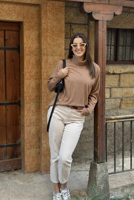 HIGH NECK ONE COLOR SIMPLE WOMEN SWEATER BROWN/KAFE - 1