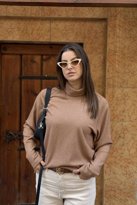 HIGH NECK ONE COLOR SIMPLE WOMEN SWEATER BROWN/KAFE - 3