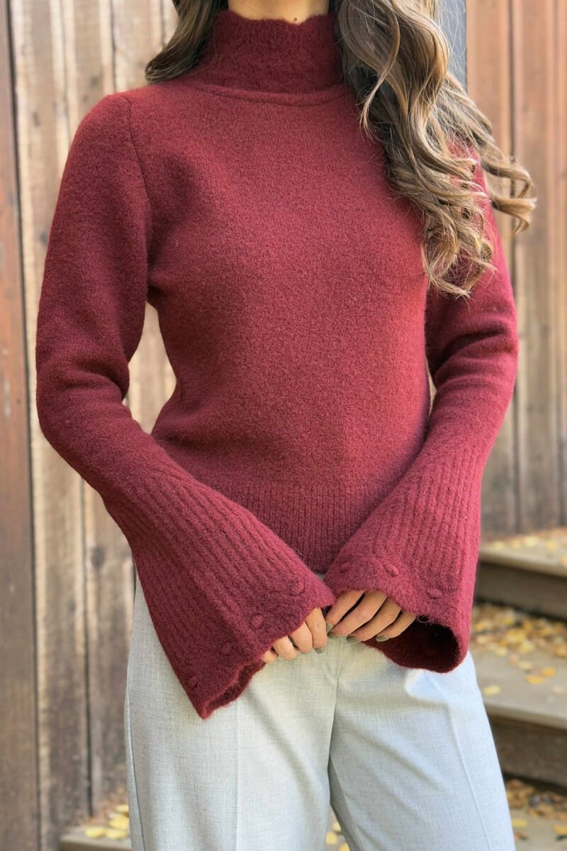 HIGH NECK ONE COLOR WOMEN SWEATER BURGUNDY/VISHNJE - 4