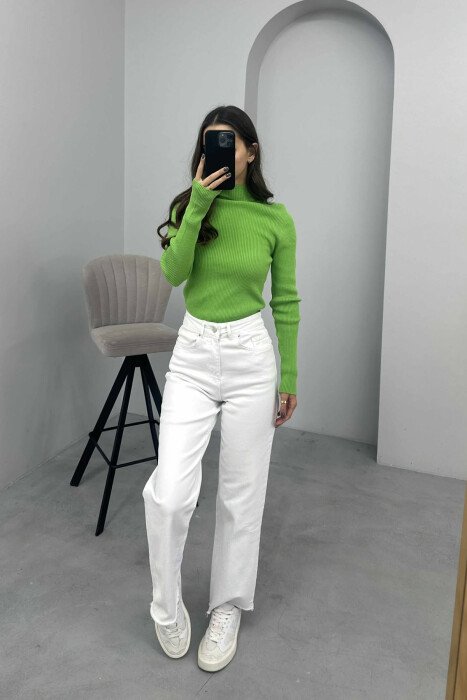 HIGH NECK ONE COLOR WOMEN SWEATER LIGHT GREEN/JEZB - KLAUDIO FASHION