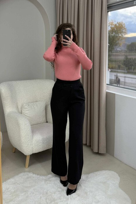 HIGH NECK ONE COLOR WOMEN SWEATER POWDER/PUDER - KLAUDIO FASHION