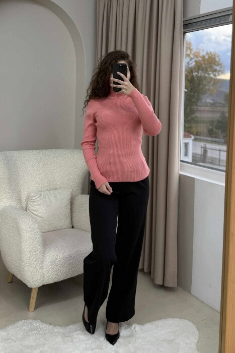 HIGH NECK ONE COLOR WOMEN SWEATER POWDER/PUDER - 5