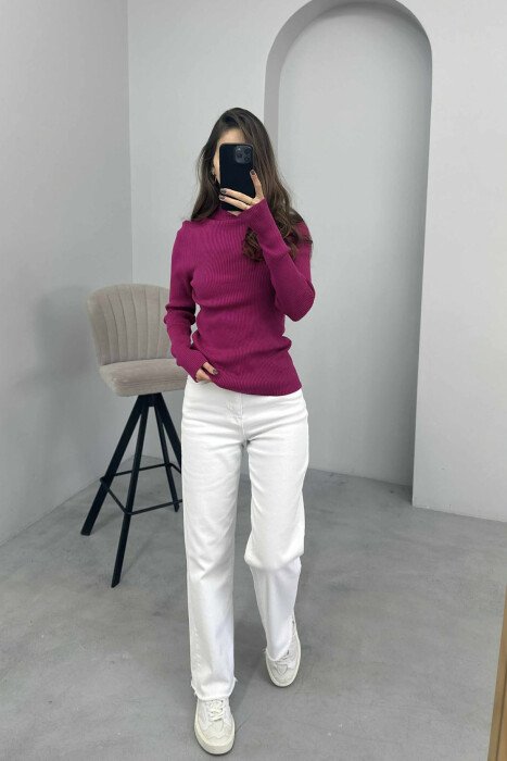 HIGH NECK ONE COLOR WOMEN SWEATER PURPLE/LEJLA - 1