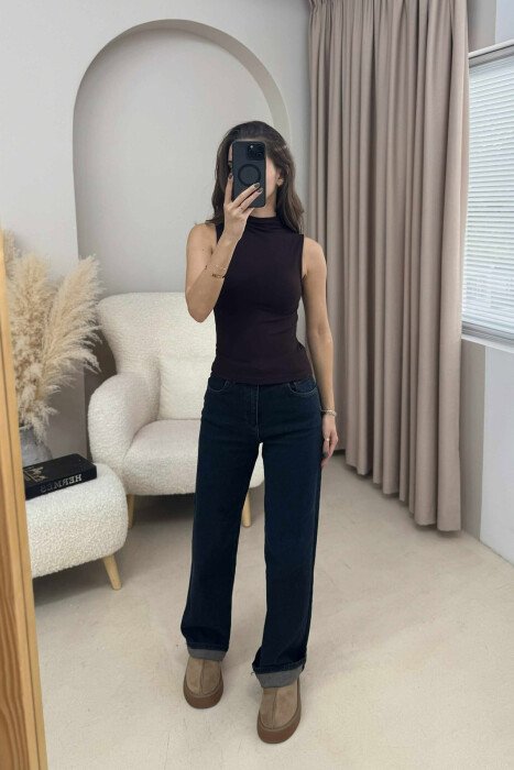 HIGH NECK ONE COLOR WOMEN TANK TOP DARK BROWN/KAE - 5