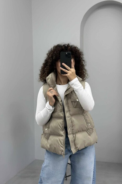 HIGH NECK ONE COLOR ZIPPER DETAILS WOMEN VEST BEIGE/BEZHE - 2