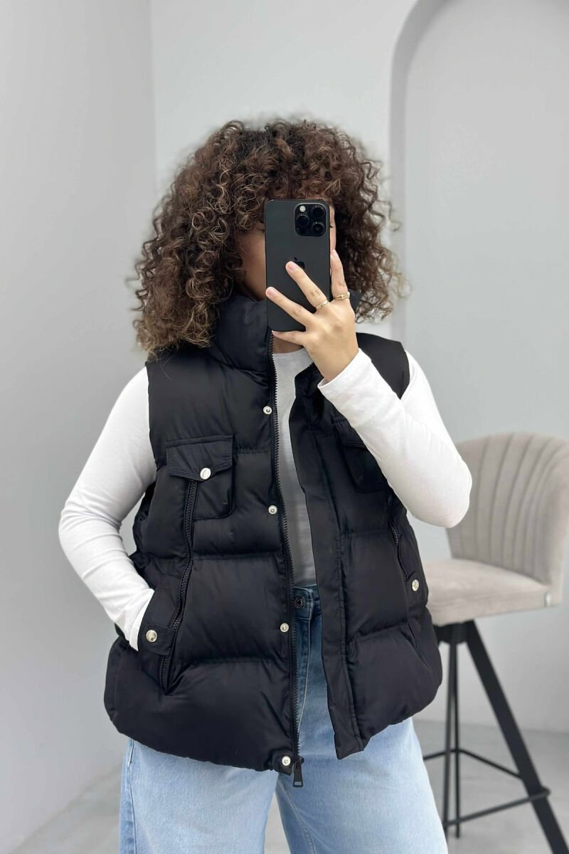 HIGH NECK ONE COLOR ZIPPER DETAILS WOMEN VEST BLACK/ E ZEZE - 3