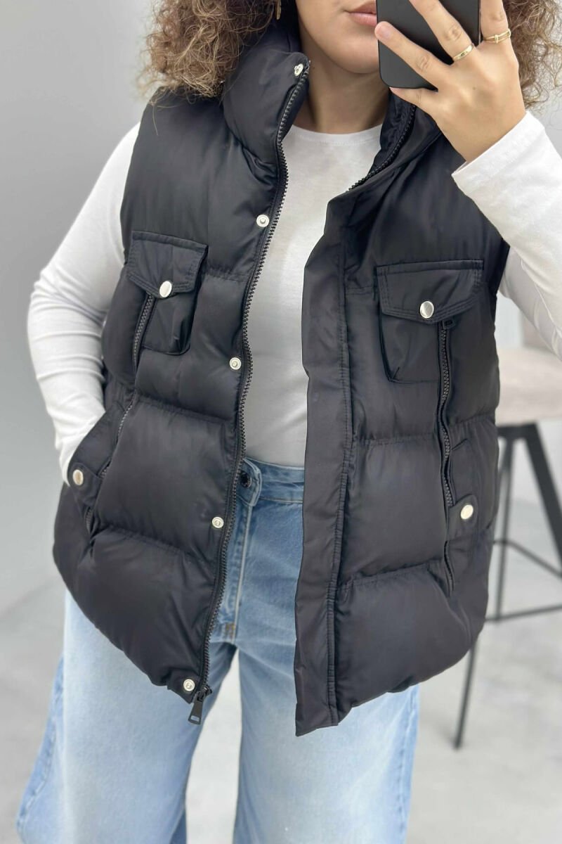 HIGH NECK ONE COLOR ZIPPER DETAILS WOMEN VEST BLACK/ E ZEZE - 1