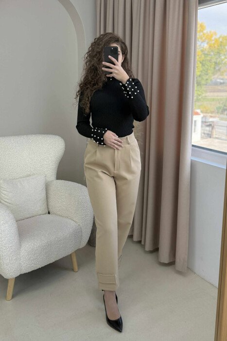 HIGH NECK PEARL DETAILS WOMEN SWEATER BLACK/ E ZEZE - 5