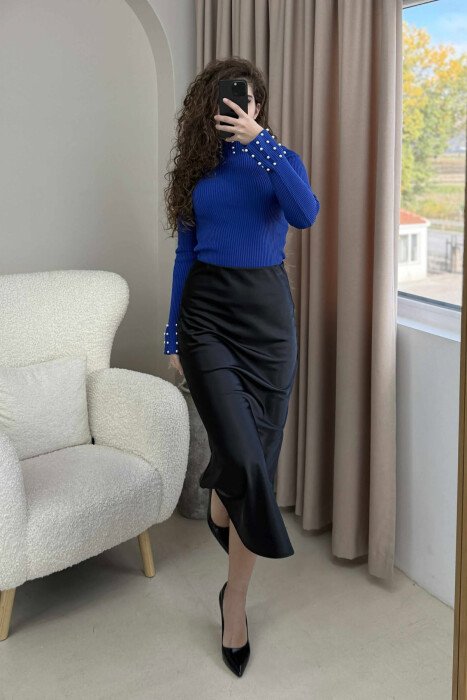 HIGH NECK PEARL DETAILS WOMEN SWEATER BLUE/BLU - 