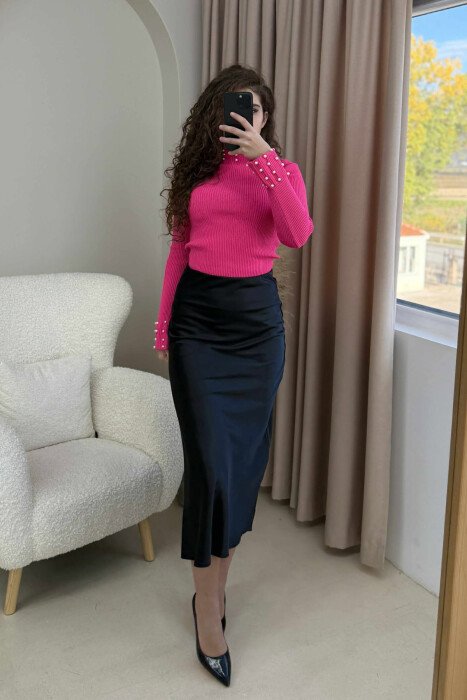 HIGH NECK PEARL DETAILS WOMEN SWEATER PINK/ROZE - 1