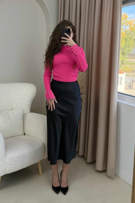 HIGH NECK PEARL DETAILS WOMEN SWEATER PINK/ROZE - 2