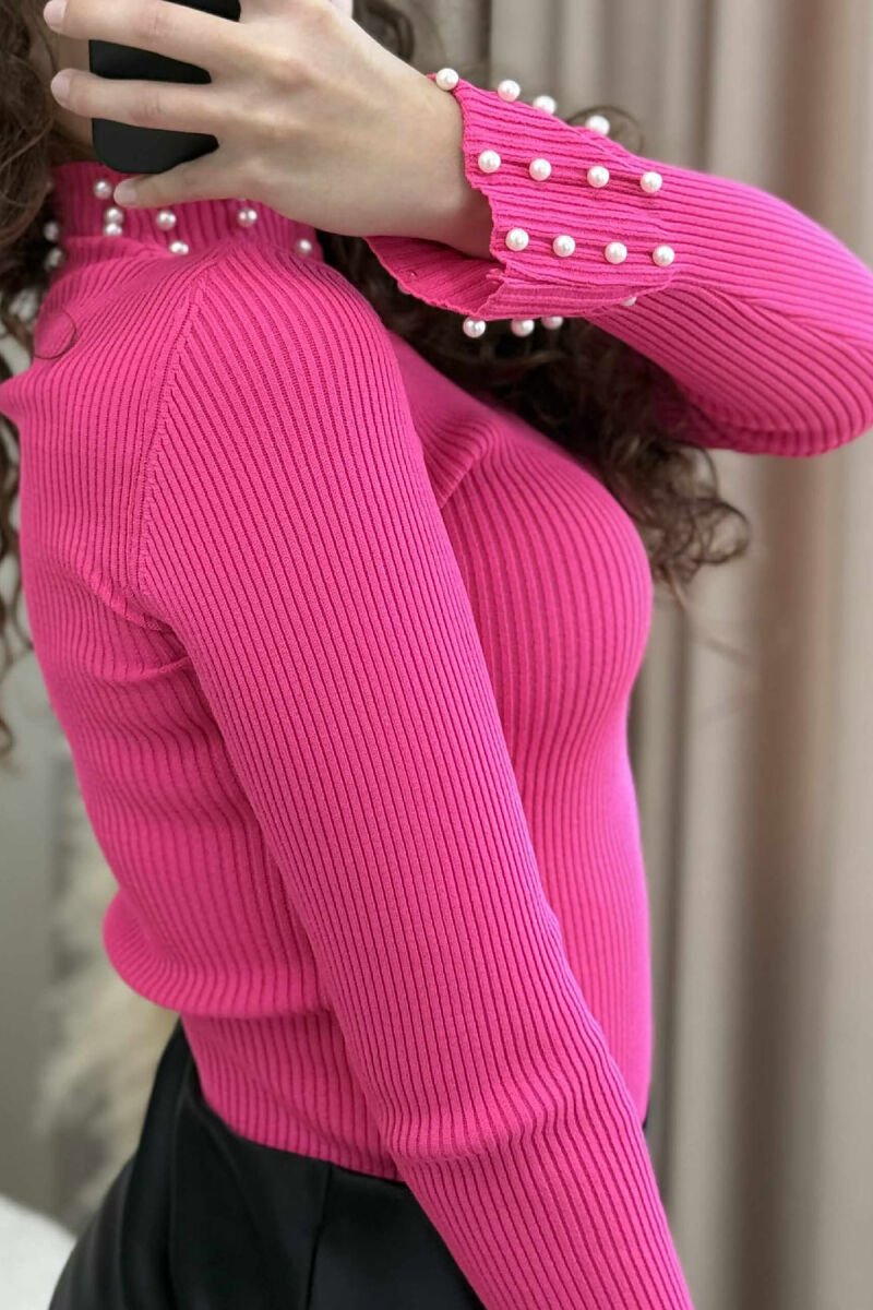 HIGH NECK PEARL DETAILS WOMEN SWEATER PINK/ROZE - 5