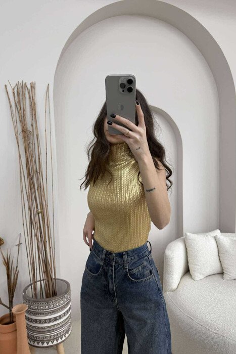 HIGH NECK SHINNY MATERIAL WOMEN TANK TOP GOLDEN ROD/GOLD - 4