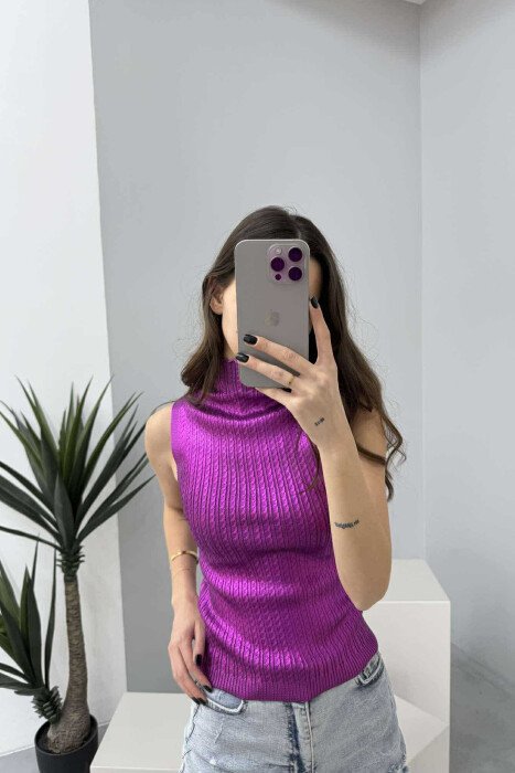 HIGH NECK SHINNY MATERIAL WOMEN TANK TOP PURPLE/LEJLA - 4