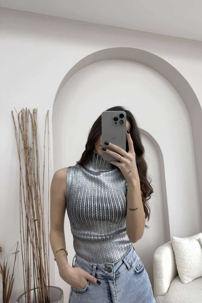 HIGH NECK SHINNY MATERIAL WOMEN TANK TOP SILVER/ARGJEND - 1
