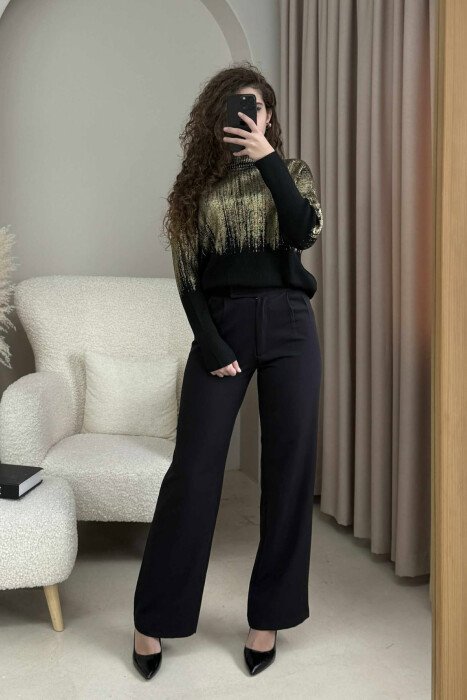 HIGH NECK SHINY MATERIAL WOMEN SWEATER GOLDEN ROD/GOLD - 2