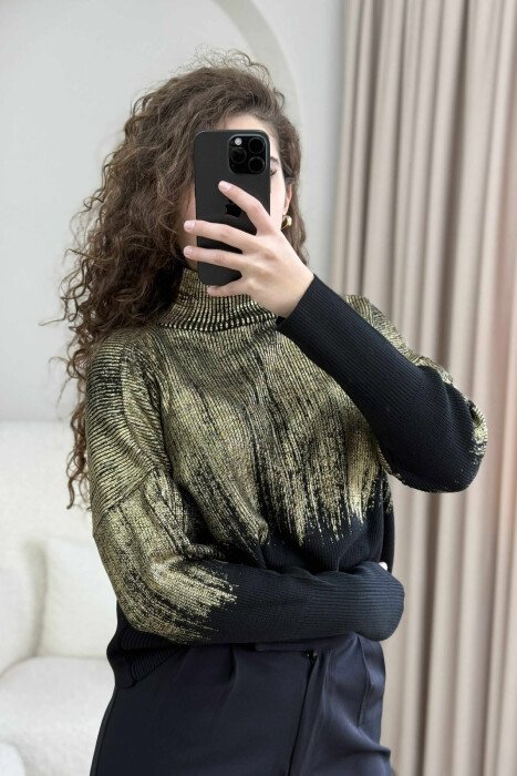 HIGH NECK SHINY MATERIAL WOMEN SWEATER GOLDEN ROD/GOLD - 4