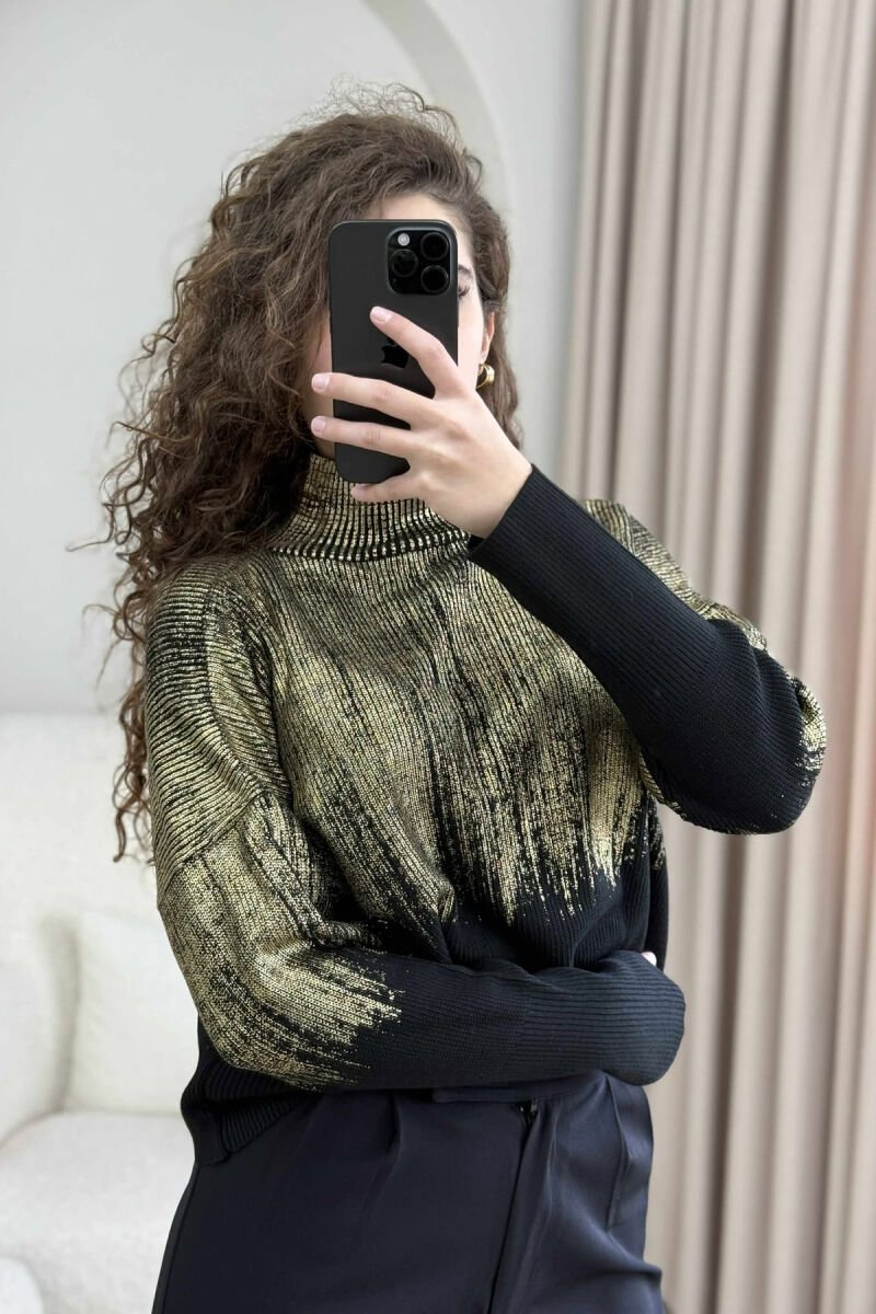 HIGH NECK SHINY MATERIAL WOMEN SWEATER GOLDEN ROD/GOLD - 4
