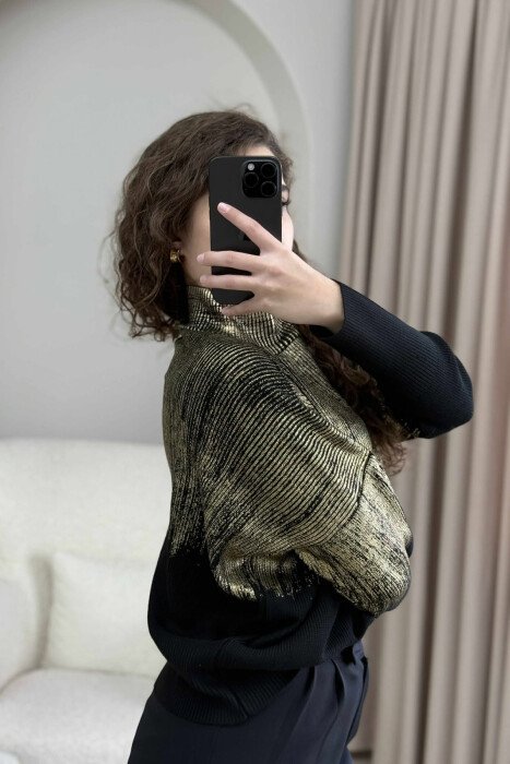 HIGH NECK SHINY MATERIAL WOMEN SWEATER GOLDEN ROD/GOLD - 5