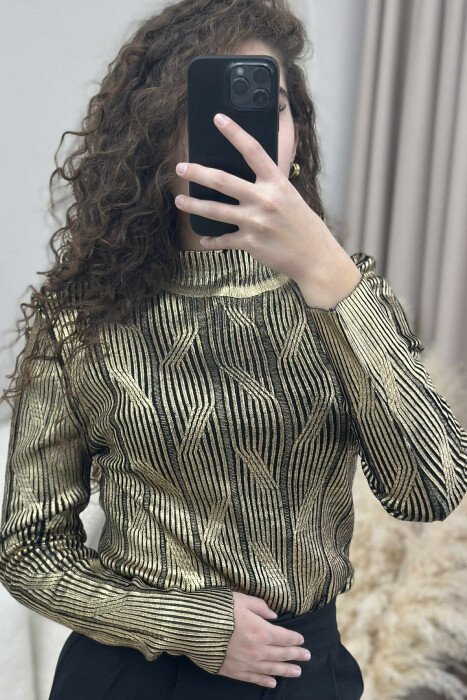 HIGH NECK SHINY MATERIAL WOMEN SWEATER GOLDEN ROD/GOLD - 3