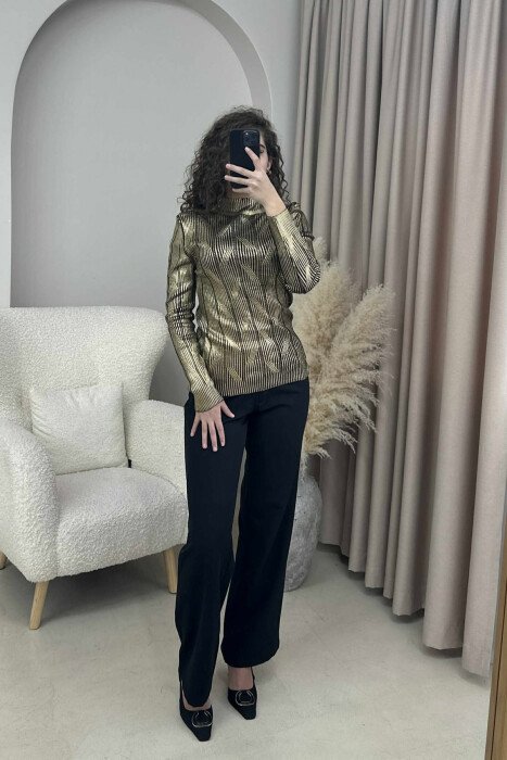 HIGH NECK SHINY MATERIAL WOMEN SWEATER GOLDEN ROD/GOLD - 4