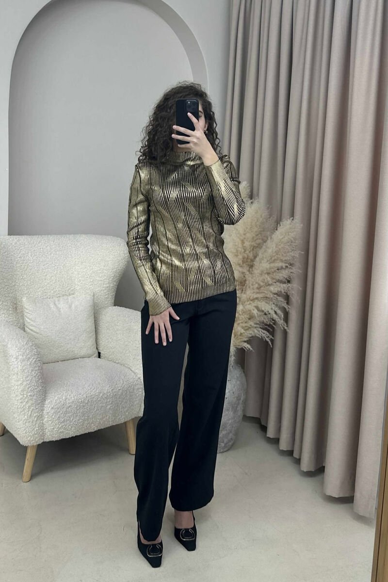 HIGH NECK SHINY MATERIAL WOMEN SWEATER GOLDEN ROD/GOLD - 4