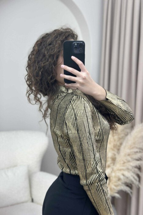 HIGH NECK SHINY MATERIAL WOMEN SWEATER GOLDEN ROD/GOLD - 2